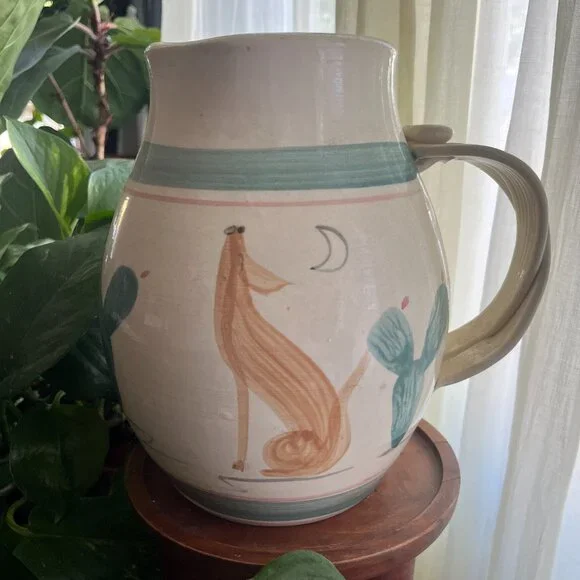 Handcrafted Ceramic Pitcher with Dog and Cactus Design - Picture 1 of 4